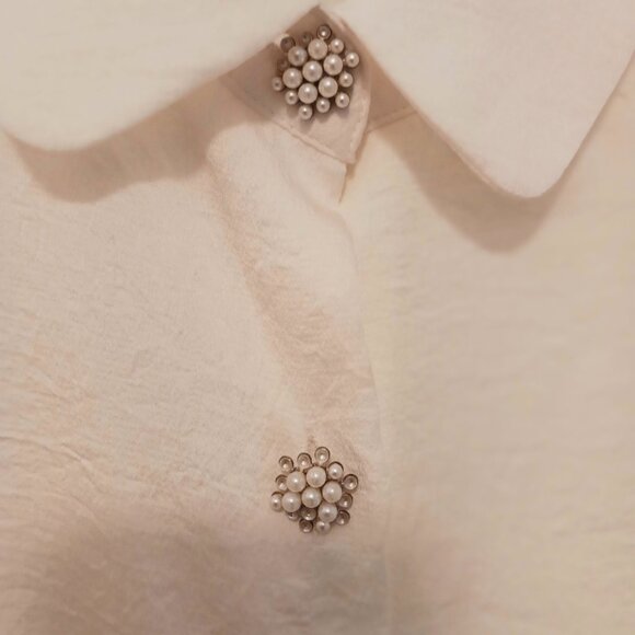 Zara Medium Cream Tie Neck Blouse W/ Decorative Buttons of Clustered Pearl Beads - Picture 7 of 15